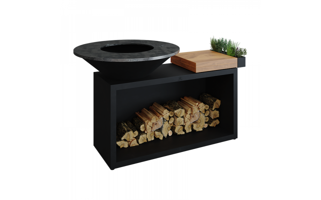 Гриль очаг OFYR Island Black 100 Teak Wood с дровницей, рабочей поверхностью из Тика, лотком для инструментов и специй