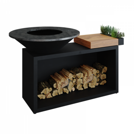 Гриль очаг OFYR Island Black 100 Teak Wood с дровницей, рабочей поверхностью из Тика, лотком для инструментов и специй