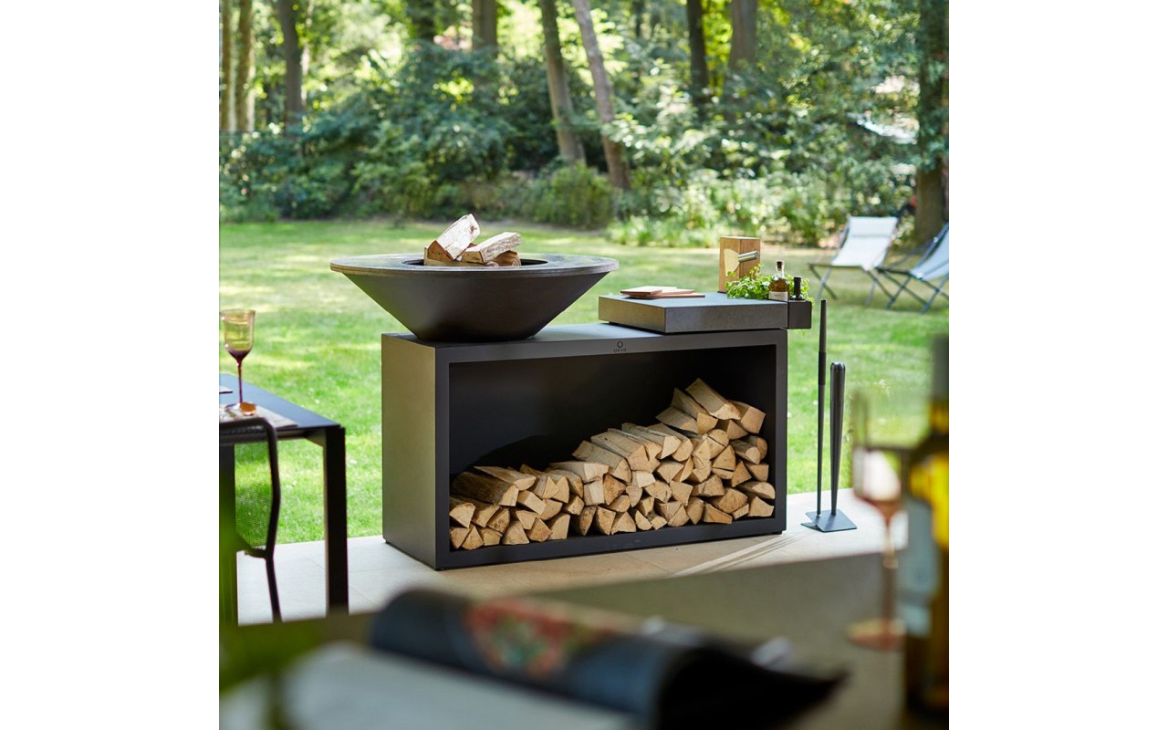 Гриль очаг OFYR Island Black 85 Ceramic Dark Grey с дровницей, керамической рабочей поверхностью, лотком для инструментов и спец