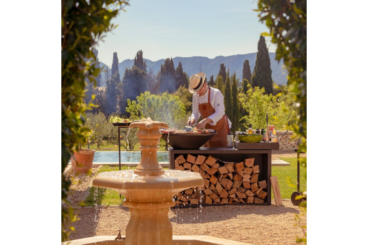 Гриль очаг OFYR Island Black 85 Ceramic Dark Grey с дровницей, керамической рабочей поверхностью, лотком для инструментов и спец