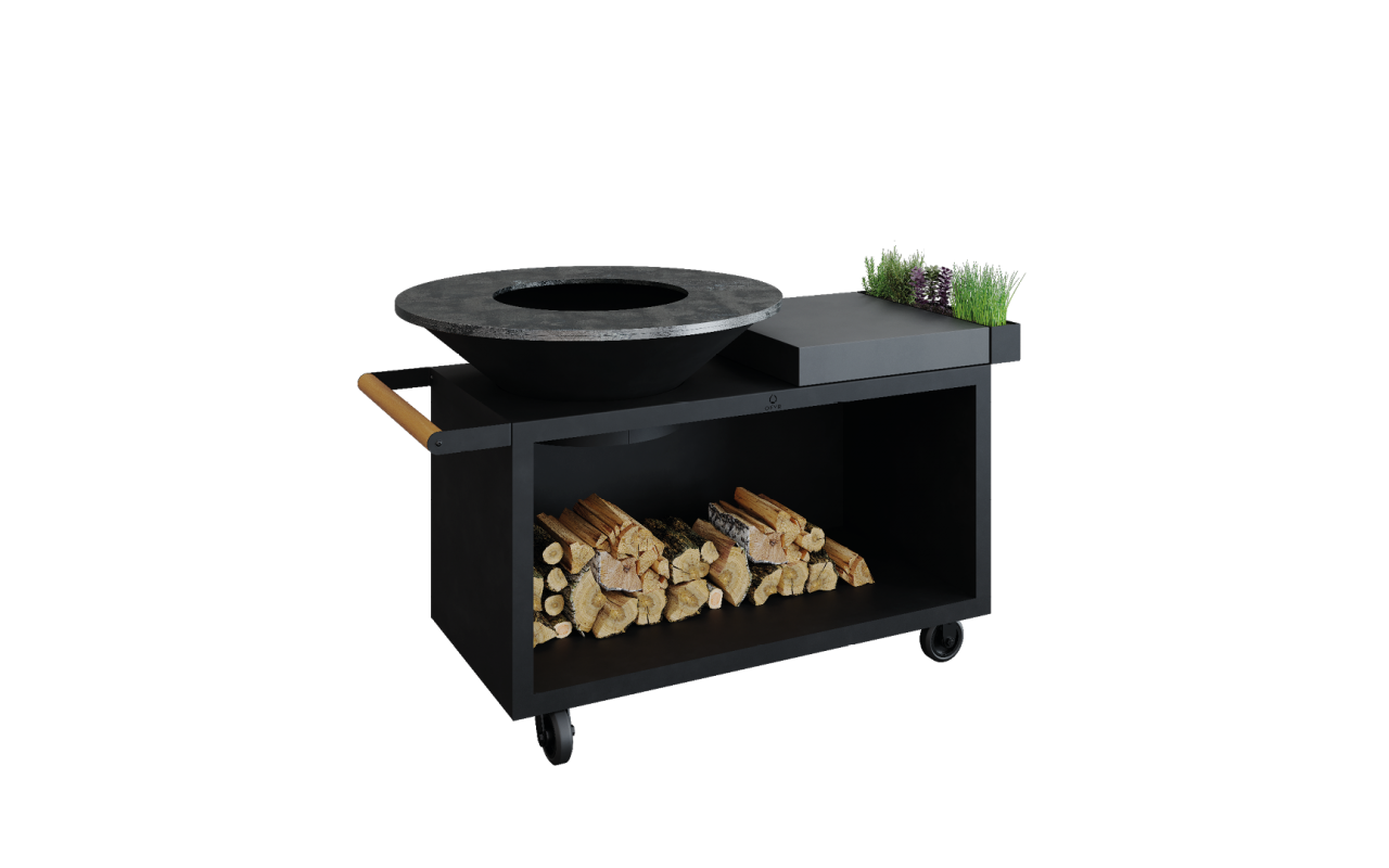 Гриль очаг OFYR Island Black 100 PRO Ceramic Dark Grey на колесах с дровницей, керамической рабочей поверхностью, ручкой и лотко