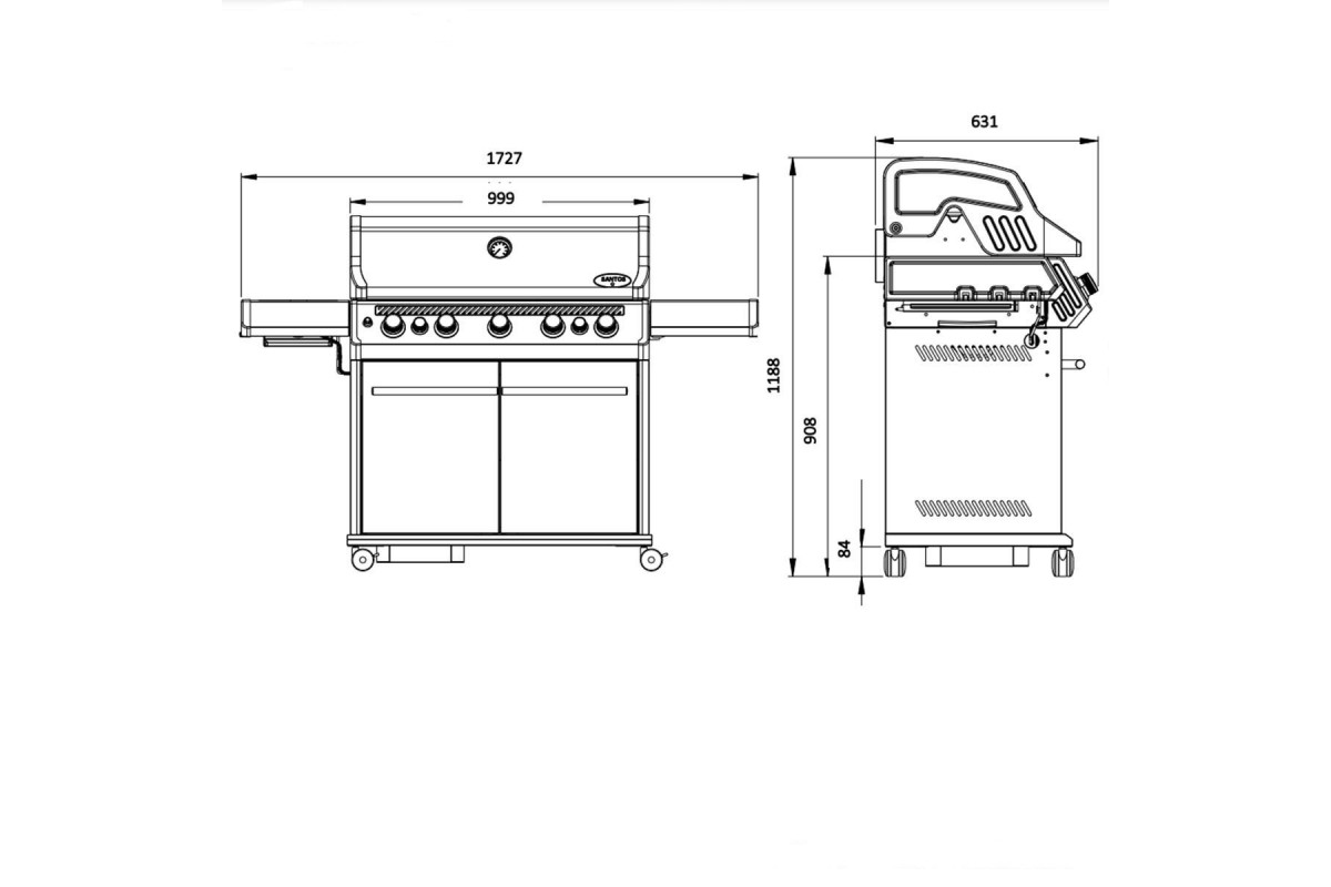 Газовый гриль SANTOS S-518, с боковой и задней горелкой, нержавеющая сталь 890604