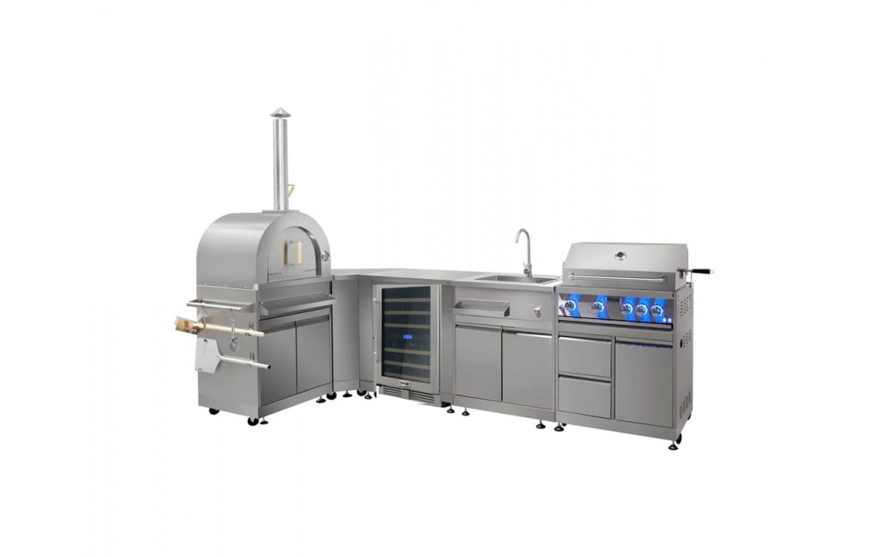 Уличная кухня-барбекю с газовым грилем Kapitan, газовой пицца-печью, мойкой и холодильником GRILLI 777431
