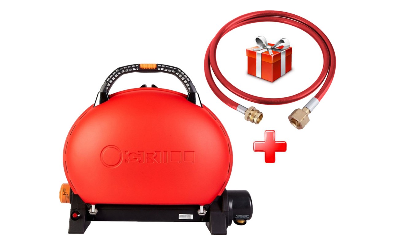КОМПЛЕКТ Портативный переносной газовый гриль O-GRILL 500, красный + шланг в подарок!