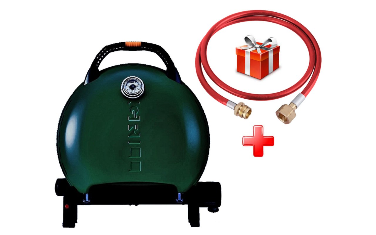 КОМПЛЕКТ Портативный переносной газовый гриль O-GRILL 600T, зеленый + шланг в подарок!