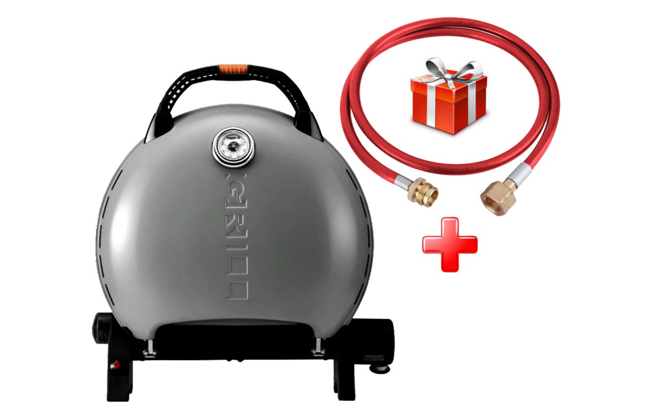 КОМПЛЕКТ Портативный переносной газовый гриль O-GRILL 600T, серебро + шланг в подарок!
