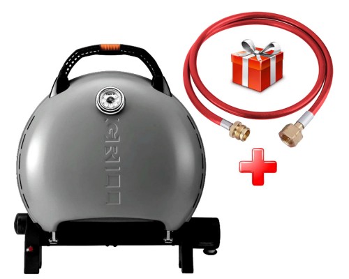 КОМПЛЕКТ Портативный переносной газовый гриль O-GRILL 600T, серебро + шланг в подарок!