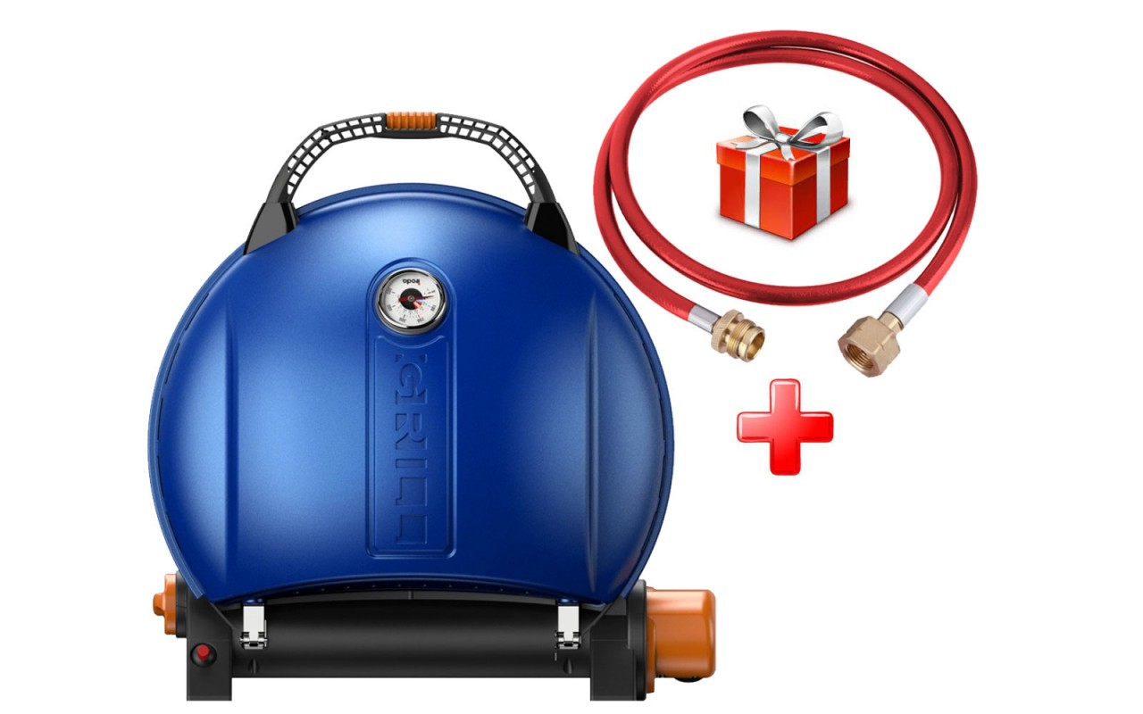 КОМПЛЕКТ Портативный переносной газовый гриль O-GRILL 900, синий + шланг в подарок!