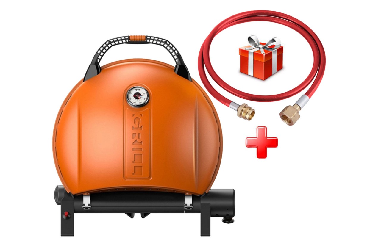 КОМПЛЕКТ Портативный переносной газовый гриль O-GRILL 900, оранжевый + шланг в подарок!