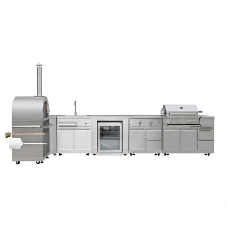 Уличная кухня-барбекю с газовым грилем Kapitan, двойной горелкой, газовой пицца-печью, мойкой и холодильником GRILLI 777603