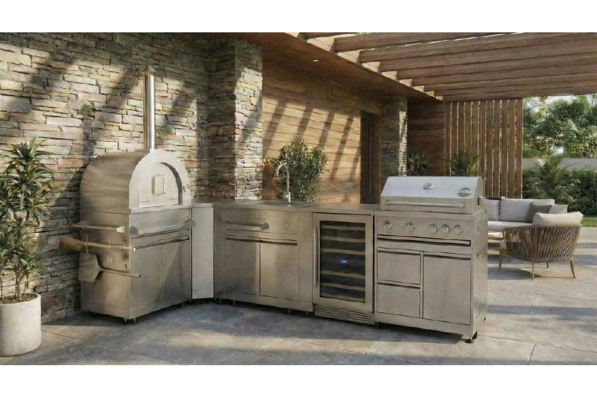 Уличная кухня-барбекю с газовым грилем Kapitan, двойной горелкой, газовой пицца-печью, мойкой и холодильником GRILLI 777603