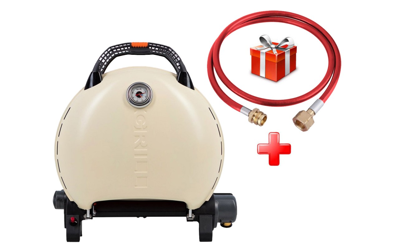 КОМПЛЕКТ Портативный переносной газовый гриль O-GRILL 600T, кремовый + шланг в подарок!
