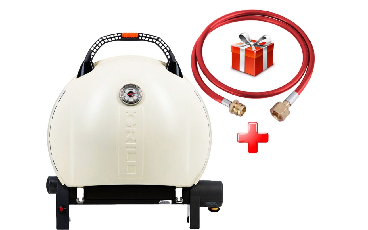КОМПЛЕКТ Портативный переносной газовый гриль O-GRILL 900, кремовый + шланг в подарок!