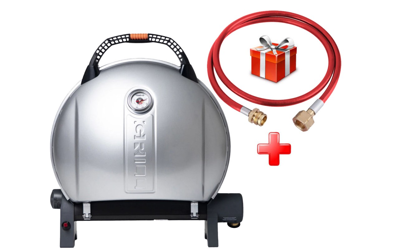 КОМПЛЕКТ Портативный переносной газовый гриль O-GRILL 900, серебро + шланг в подарок!