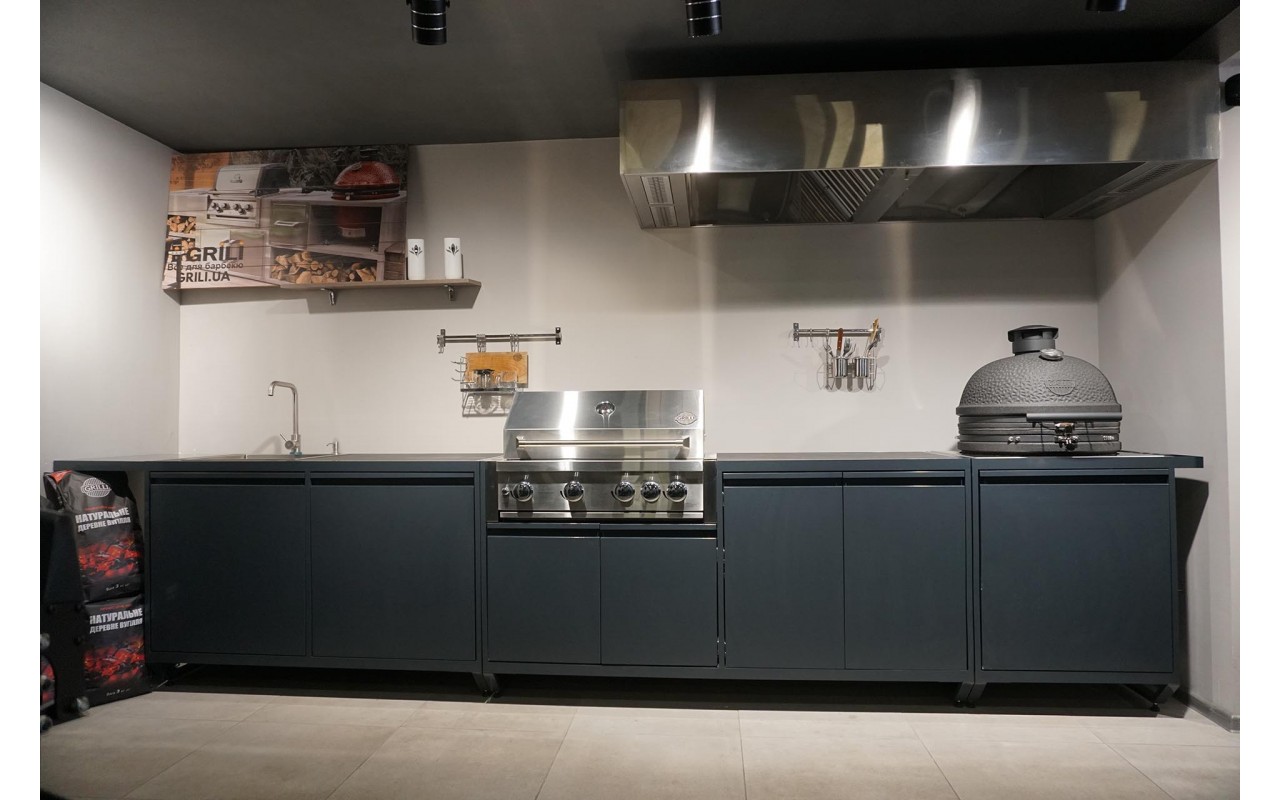 Уличная кухня-барбекю с газовым грилем Kapitan, угольным грилем Kamado L и мойкой GRILLI 777958
