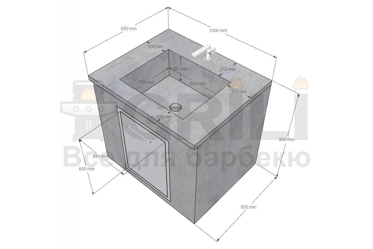 Мойка из бетона одинарная с выдвижным ящиком