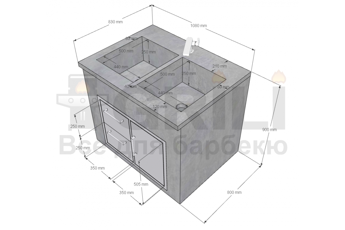 Мойка из бетона двойная с выдвижным ящиком