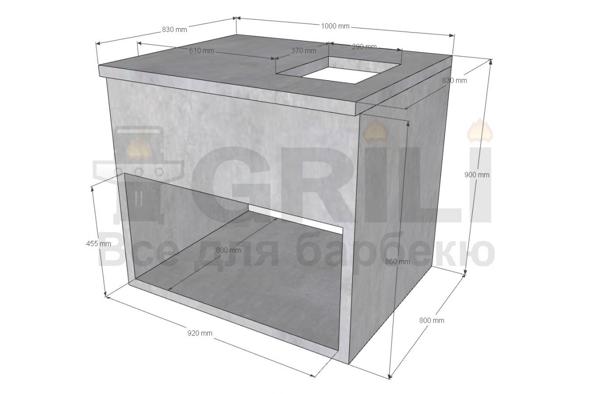 Бетонный кухонный модуль под газовою конфорку с полкой открытого типа
