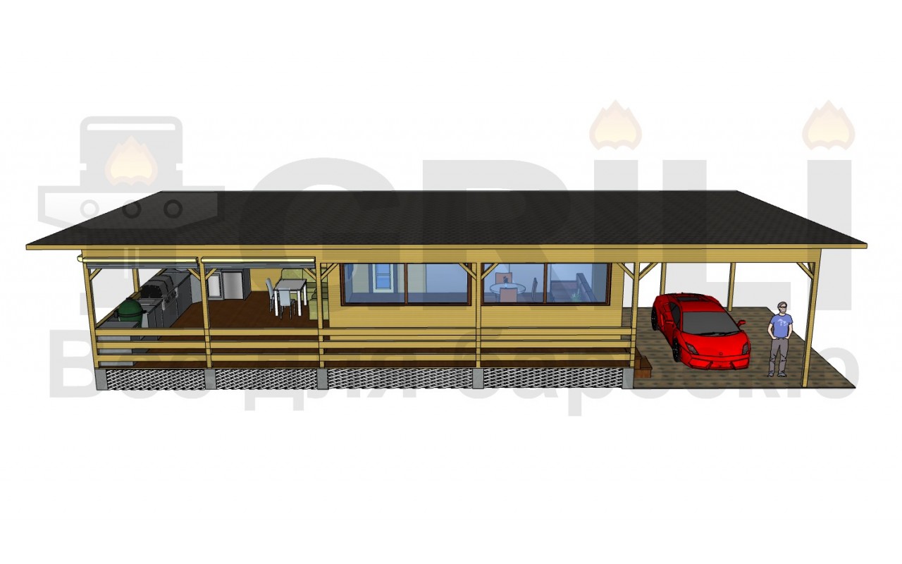 Гостевой утепленный дом с крытой гриль-зоной для барбекю отдыха и крытой стоянкой под машины