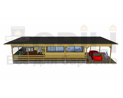 Гостевой утепленный дом с крытой гриль-зоной для барбекю отдыха и крытой стоянкой под машины