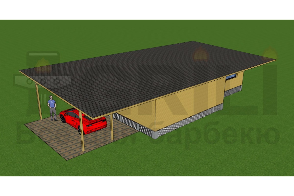 Гостевой утепленный дом с крытой гриль-зоной для барбекю отдыха и крытой стоянкой под машины
