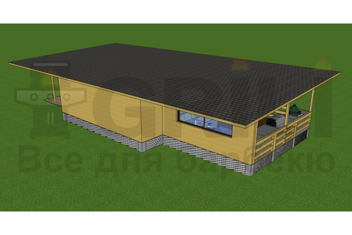 Гостевой утепленный дом с крытой гриль-зоной для барбекю отдыха и крытой стоянкой под машины