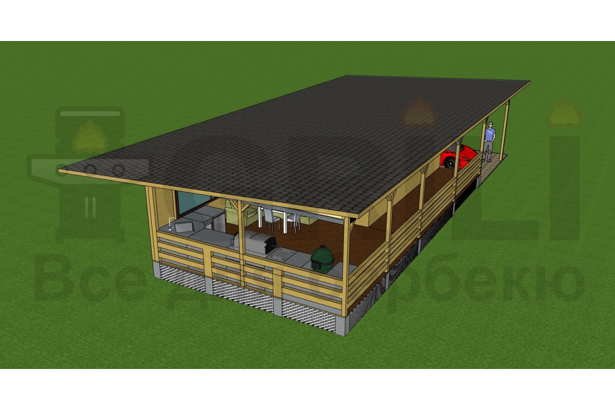 Гостевой утепленный дом с крытой гриль-зоной для барбекю отдыха и крытой стоянкой под машины