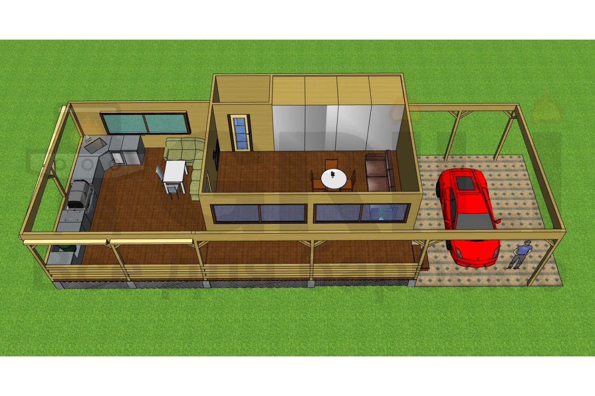 Гостевой утепленный дом с крытой гриль-зоной для барбекю отдыха и крытой стоянкой под машины