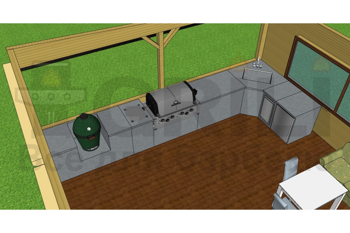 Гостевой утепленный дом с крытой гриль-зоной для барбекю отдыха и крытой стоянкой под машины