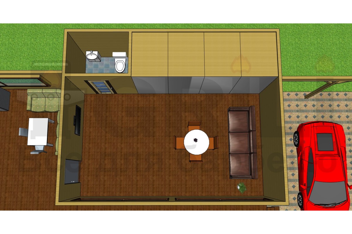 Гостевой утепленный дом с крытой гриль-зоной для барбекю отдыха и крытой стоянкой под машины