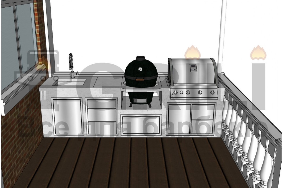 Уличная кухня в белом цвете с угольным Kamado Joe и газовым Napoleon (2,95 м.п.)