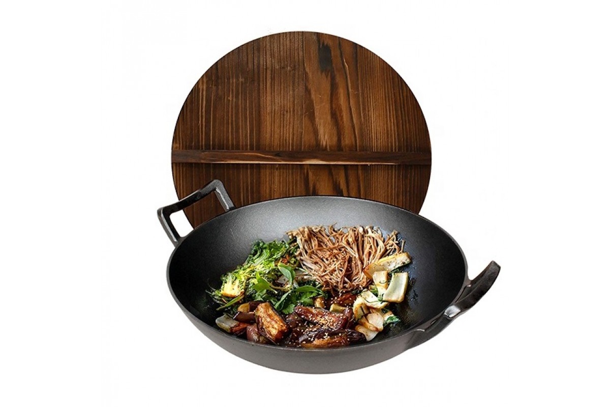 Чавунний вок (казан) 35.5*10см з дерев''яною кришкою GRILLI 9637