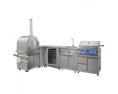Уличная кухня-барбекю с газовым грилем Kapitan, угольной пицца-печью, мойкой и холодильником GRILLI 777436